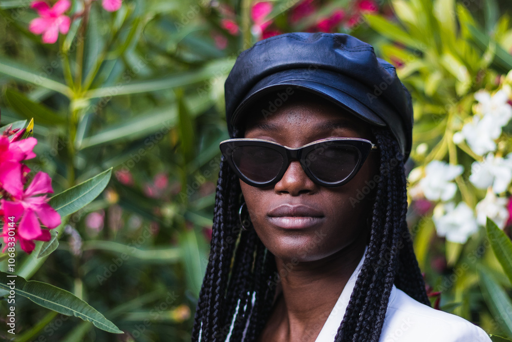 Confident young african american businesswoman posing in a vibrant garden for a portrait
