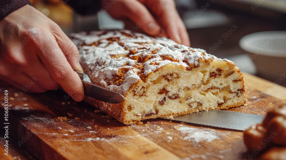 Hands slicing freshly baked stollen bread with raisins on a wooden cutting board Hands slicing freshly baked stollen bread with raisins on a wooden cutting board