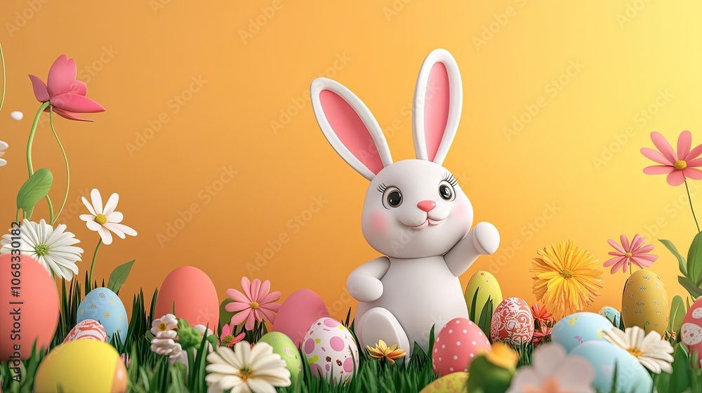 Obraz premium Cute Bunny with Colorful Eggs in Spring Landscape