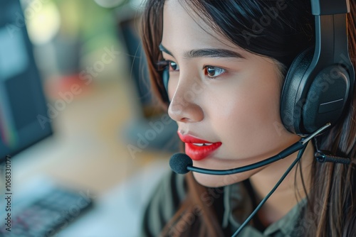 Professional telesales agent using a wireless headset while engaged in a conversation at a busy office workspace