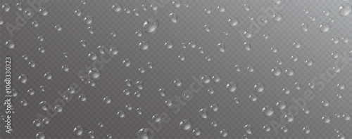 Vector water drops. PNG droplets, condensation on glass, on various surfaces. Realistic drop on a transparent background. Rain and dew.