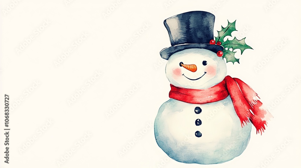 Watercolor Snowman with Top Hat and Holly Watercolor Snowman with Top Hat and Holly