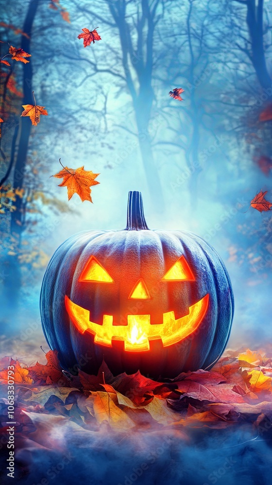 Obraz premium Glowing Jack O Lantern in Spooky Autumn Forest