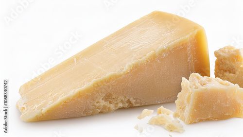 A wedge of parmesan cheese with crumbled pieces, isolated on white background. PNG transparent.