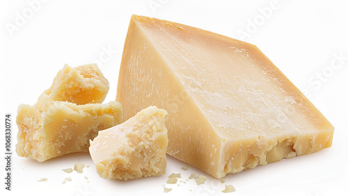 A wedge of parmesan cheese with crumbled pieces, isolated on white background. PNG transparent.
