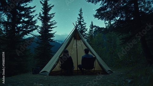 A couple sits in a tent in the woods under a starry night.