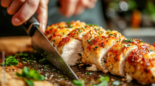 Juicy grilled chicken breast being sliced on wooden board with herbs