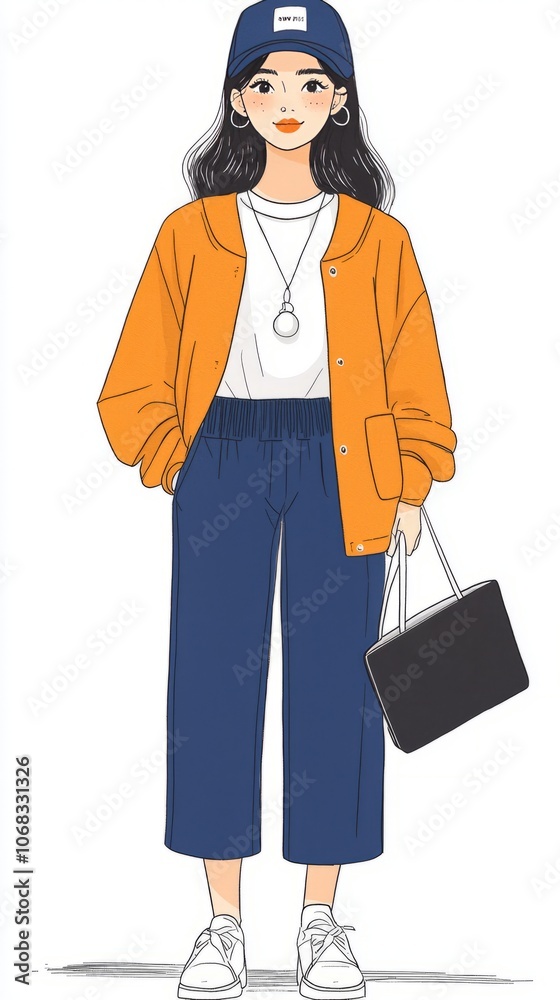 A fashionable young woman in casual attire with a bag and cap. A fashionable young woman in casual attire with a bag and cap.