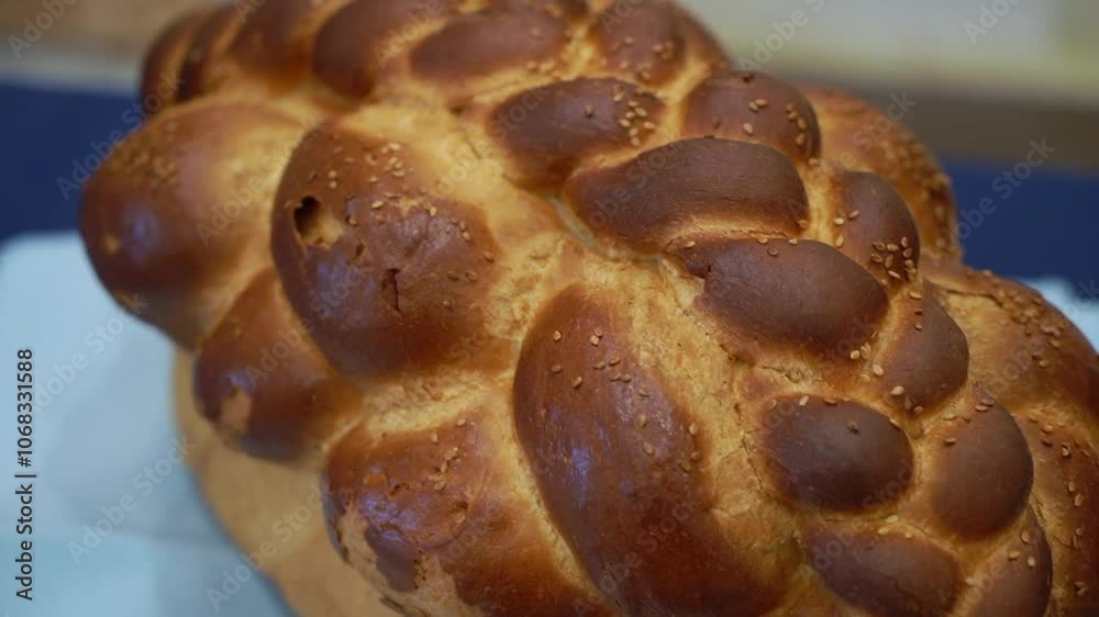 An exquisite and beautiful loaf of challah bread, showcasing a stunning golden crust with an intricate plaited design An exquisite and beautiful loaf of challah bread, showcasing a stunning golden crust with an intricate plaited design