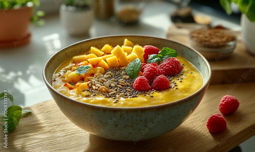 A bowl of mango smoothie topped with raspberries, chia seeds and granola on wooden board. A bowl of mango smoothie topped with raspberries, chia seeds and granola on wooden board.