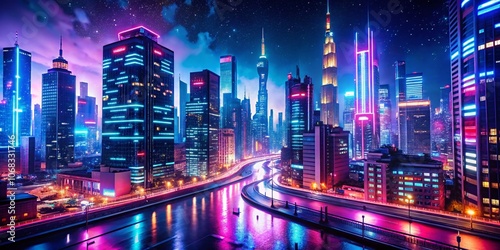 Urban Exploration Photography of 2025 in Glowing Lights with Bokeh Background, Capturing a Futuristic Cityscape at Night, Highlighting Neon Colors and Urban Aesthetics for Stock Visuals