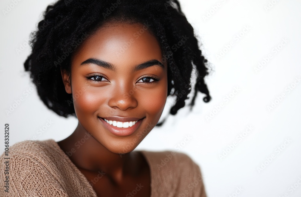 Young African women with radiant smiles, natural hairstyles, and vibrant outfits stand against white backgrounds, showcasing their unique beauty and natural features. Young African women with radiant smiles, natural hairstyles, and vibrant outfits stand against white backgrounds, showcasing their unique beauty and natural features.