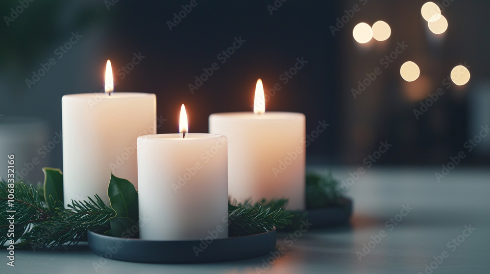 serene close up of white candles surrounded by greenery, creating warm and festive atmosphere. soft glow enhances holiday spirit serene close up of white candles surrounded by greenery, creating warm and festive atmosphere. soft glow enhances holiday spirit