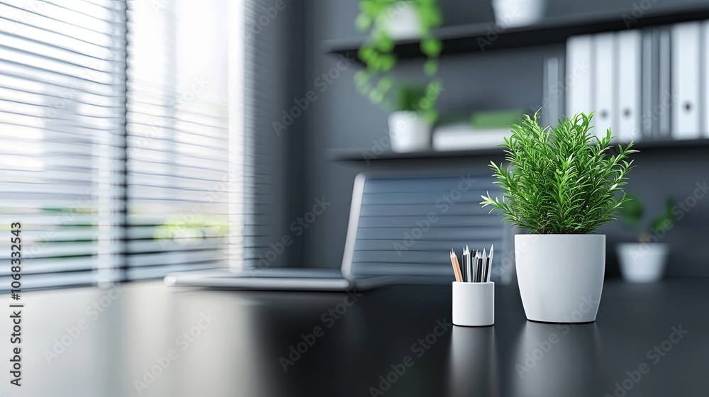 Modern Office Desk with Plant Pencils and Laptop Modern Office Desk with Plant Pencils and Laptop