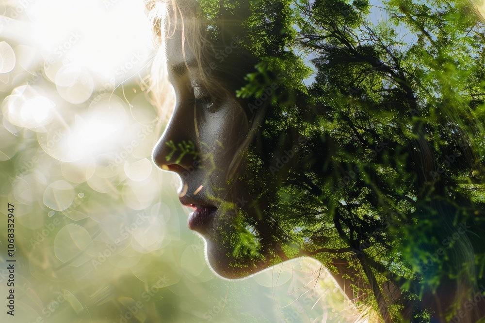 womans double exposure blended with a sunlit forest, emphasizing harmony with nature for eco conscious or wellness campaigns, promoting inner peace and mindfulness. womans double exposure blended with a sunlit forest, emphasizing harmony with nature for eco conscious or wellness campaigns, promoting inner peace and mindfulness.