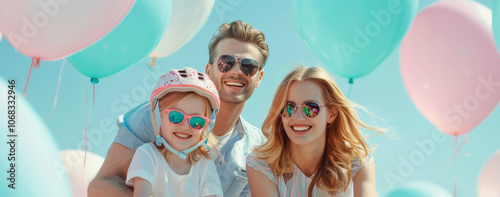 Parents smile lovingly while holding their baby, framed by pastel balloons, while another family enjoys outdoor bike rides, filling the scene with happiness and activity. photo