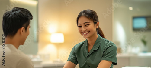 A smiling massage therapist in a green uniform delivers a soothing massage to a male client in a tranquil spa room, highlighting wellness and relaxation.