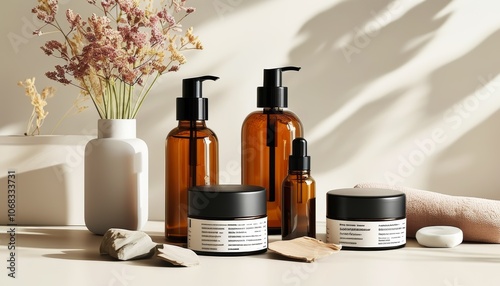 Natural skincare products displayed on a soft surface with flowers and shadows in a serene, sunlit space photo