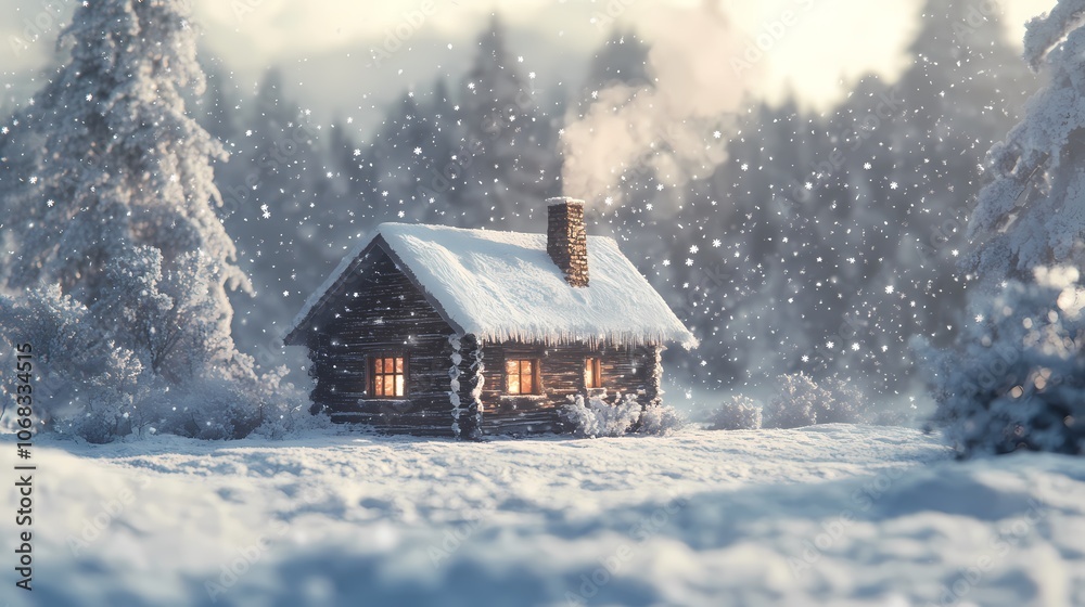 A cozy log cabin with smoke curling from the chimney surrounded by snow-covered trees during a winter snowstorm in the countryside. Generative AI A cozy log cabin with smoke curling from the chimney surrounded by snow-covered trees during a winter snowstorm in the countryside. Generative AI