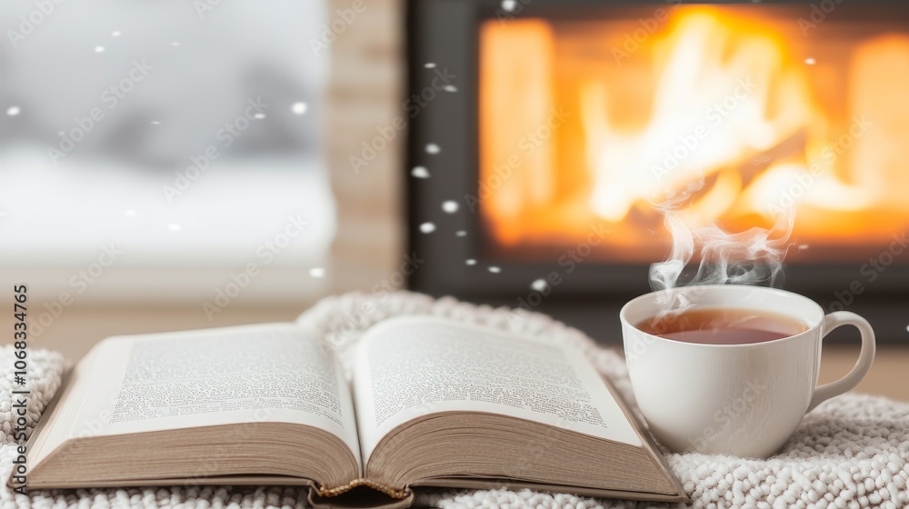 A cozy scene featuring an open book, a steaming cup of tea, and a warm fireplace, perfect for enjoying a winter day indoors. A cozy scene featuring an open book, a steaming cup of tea, and a warm fireplace, perfect for enjoying a winter day indoors.