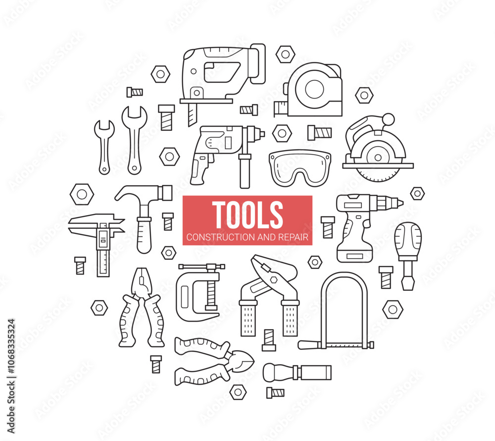 Tools for Construction and Repair Set Icons in Line Style in a circular composition Tools for Construction and Repair Set Icons in Line Style in a circular composition