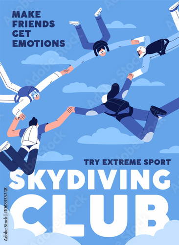 Parachuting event poster. Promotion design of skydiving lessons, group training of free falling. Advertising of extreme flight in the sky. Parachutists jumping, flying in air. Flat vector illustration
