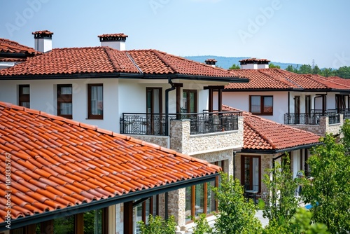 Modern coastal Bulgarian townhouses with new crimson roofs.