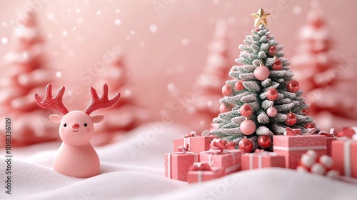 A festive scene featuring a cute reindeer beside a decorated Christmas tree with gifts, snowflakes falling softly around photo