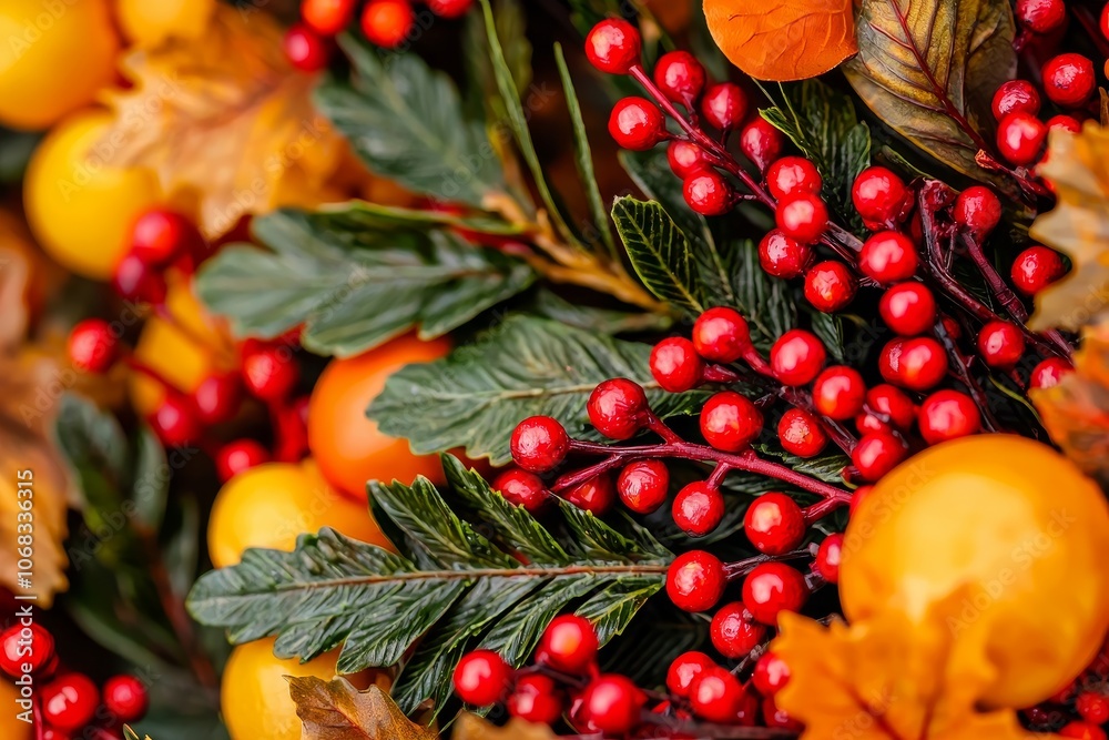 Obraz premium A vibrant arrangement of red berries, yellow fruits, and autumn leaves, capturing the essence of fall and festive celebrations.