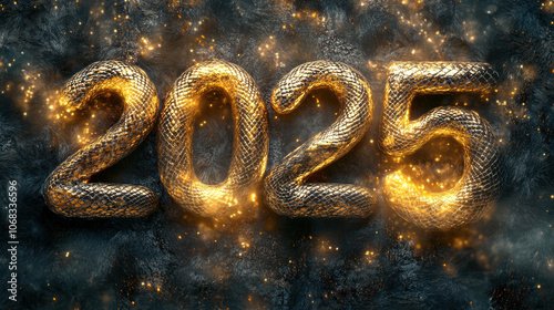 Golden snake texture 2025 numbers illuminated with sparkling lights on dark background