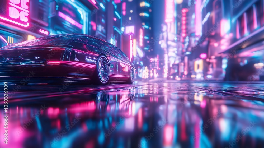 A futuristic car drives through a city at night, illuminated by neon lights. A futuristic car drives through a city at night, illuminated by neon lights.