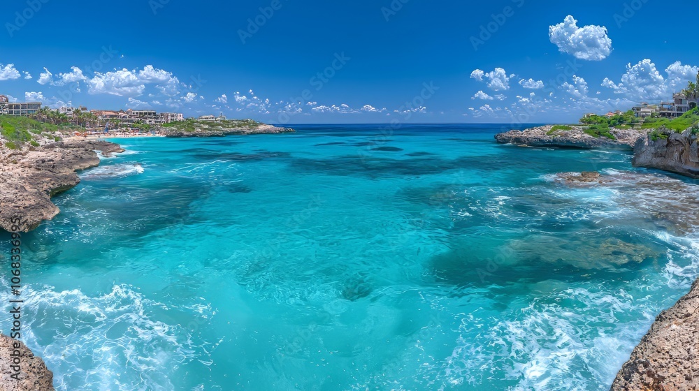 Obraz premium A vibrant coastal scene featuring clear turquoise waters and rocky shores.