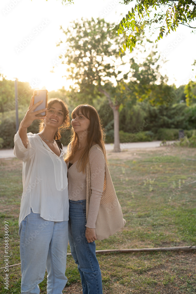 Fototapeta premium Two girls taking a selfie at the park.