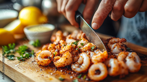 Skilled chef slicing grilled calamari with herbs on wooden board in a kitchen