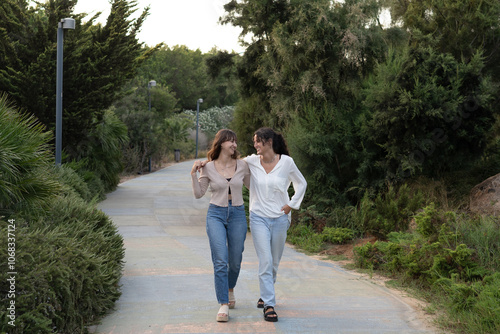 Two girls in a loving couple sharing a tender moment at the park