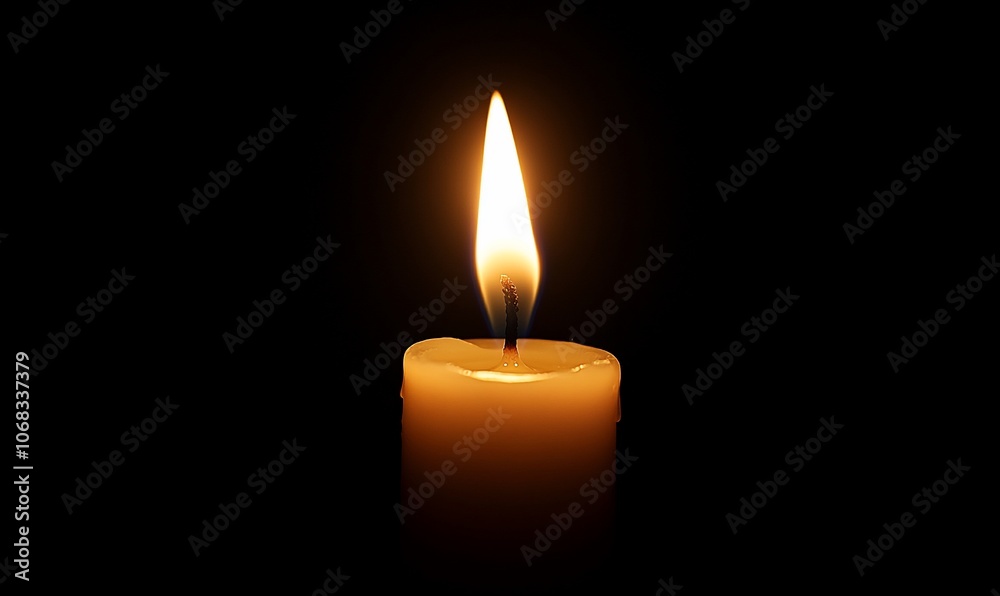 A single lit candle against a black background. A single lit candle against a black background.