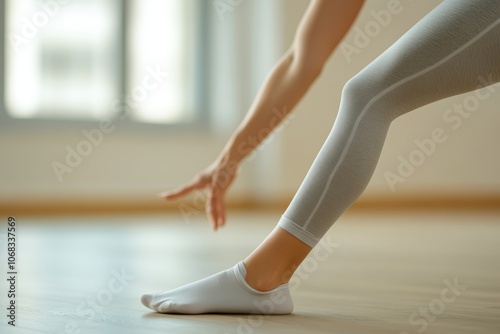 A person practicing yoga at home in the morning while stretching towards their foot in a serene environment