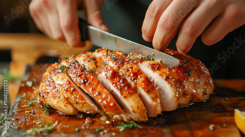 Slicing roast chicken breast with herbs on wooden cutting board