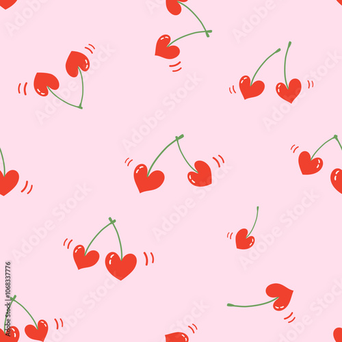 Seamless pattern of heart shape cherry with green leaves on pink background vector.