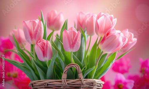 Basket of pink tulip flowers on a pink spring background copy scace