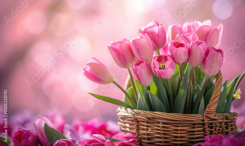Basket of pink tulip flowers on a pink spring background copy scace