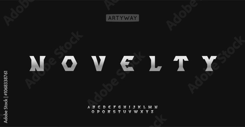 Metallic angular alphabet, bold sleek letters, chrome tech font for edgy logos, futuristic headlines, industrial typography. Vector typeset.
