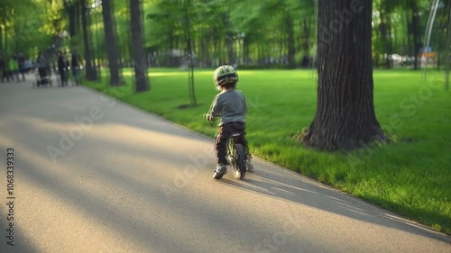 Wallpaper Mural A young child wearing a helmet rides a balance bike along a park pathway, surrounded by lush greenery. A moment of exploration and outdoor adventure. Torontodigital.ca