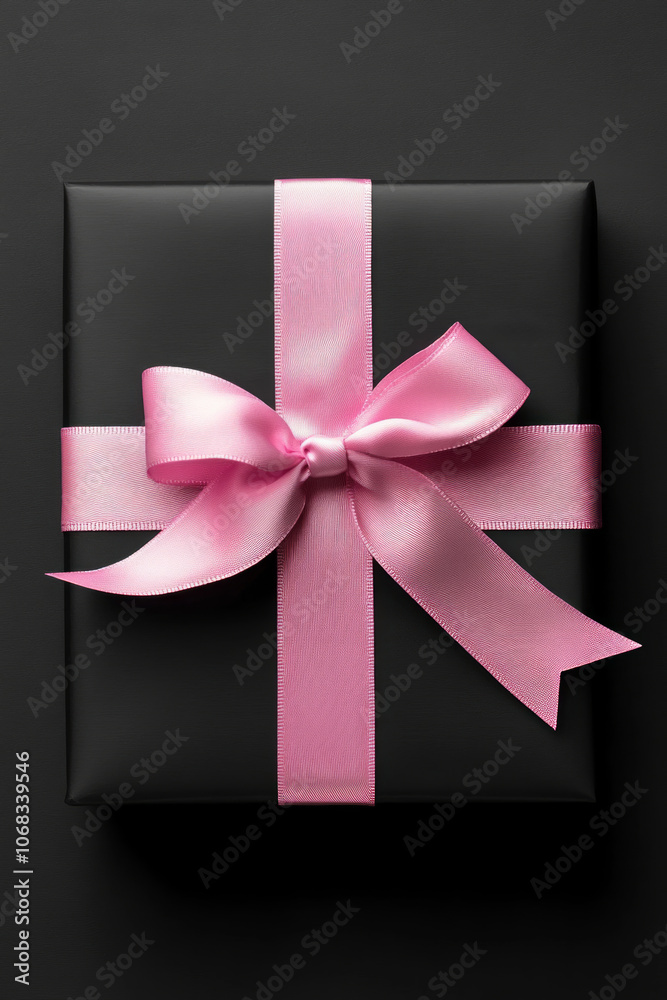 A beautifully wrapped black gift box adorned with a pink ribbon sits elegantly, symbolizing the excitement of holiday shopping during Black Friday A beautifully wrapped black gift box adorned with a pink ribbon sits elegantly, symbolizing the excitement of holiday shopping during Black Friday