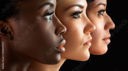 Three women of different ethnicities stand in profile, their faces in close-up, against a black background.