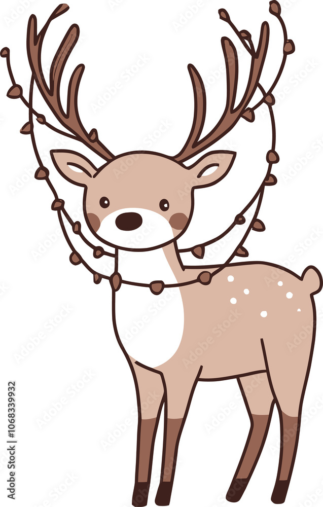 Fototapeta premium Cute Cartoon Reindeer with Christmas Lights Wrapped Around Antlers