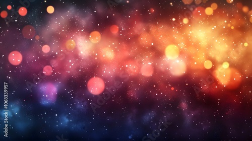 Vibrant cosmic background featuring colorful lights and stars.