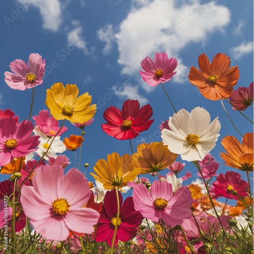 A vibrant field of colorful flowers under a blue sky with fluffy clouds.