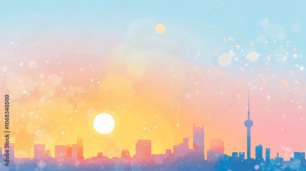 Fototapeta premium Silhouette of a city skyline at sunrise with pastel-colored clouds in pink, purple, and yellow hues. Digital illustration for background, poster, and wall art.