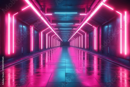 Path of pink and blue neon lights on a dark background. 